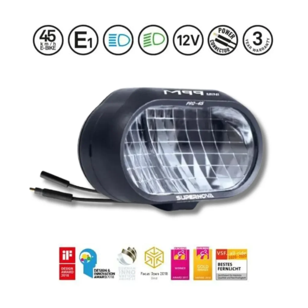 The Supernova M99 MINI PRO45 12V Universal E-Bike Light – 12V, with Magnetic High-Beam Switch