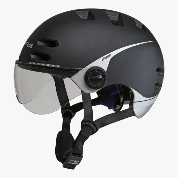 Der multifunktionale E-Bike Helm Phenix in Schwarz und transparentem Visier. Mit Blinker, Mediasystem, Front- und Rücklicht. 