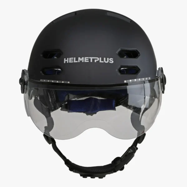 Hplus Fahrradhelm Phenix schwarz frontal Front des multifunktionale E-Bike Helm Phenix in Weiss und transparentem Visier, mit Blinker, Mediasystem, Front- und Rücklicht.