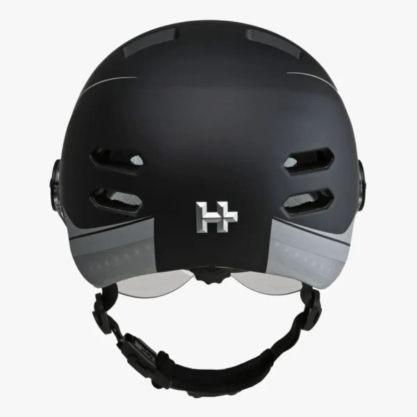 Hplus Fahrradhelm Phenix schwarz hinten Rückseite des multifunktionale E-Bike Helm Phenix in Weiss und transparentem Visier, mit Blinker, Mediasystem, Front- und Rücklicht.