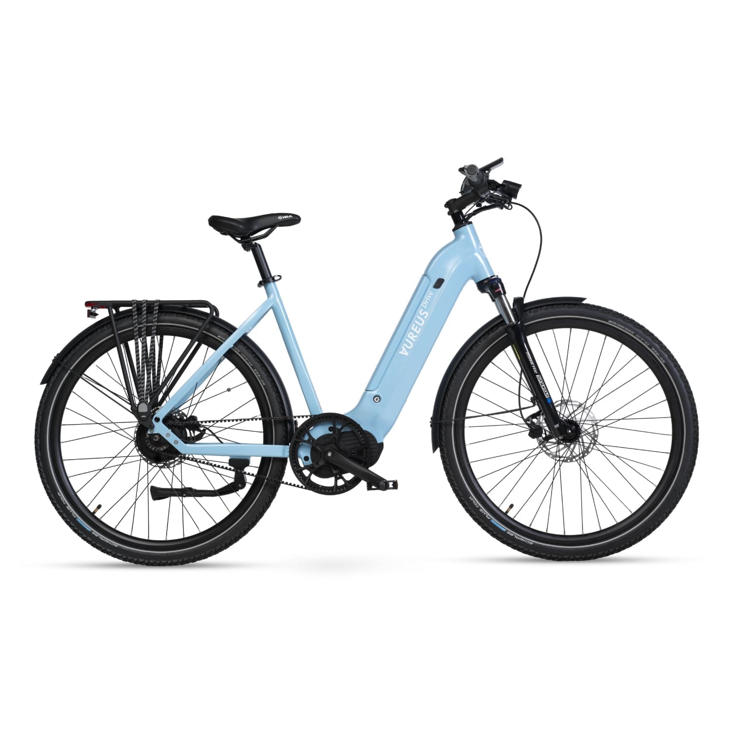AureusDrive DailyDrive E-Bike Modell mit tiefem Einstieg und Riemenantrieb in Airy Blau.