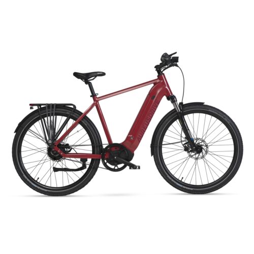 AureusDrive DailyDrive E-Bike Weinrot mit hohem Einstieg und Riemenantrieb.