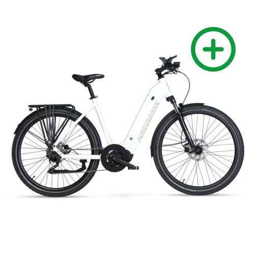 AureusDrive DailyDrive Plus E-Bike Weiss mit tiefem Einstieg und Kettenantrieb.