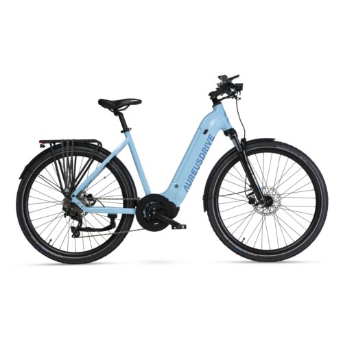 AureusDrive DailyDrive E-Bike Airy Blau mit tiefem Einstieg und Kettenantrieb.