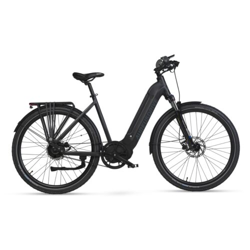 AureusDrive DailyDrive E-Bike Schwarz mit tiefem Einstieg und Riemenantrieb.
