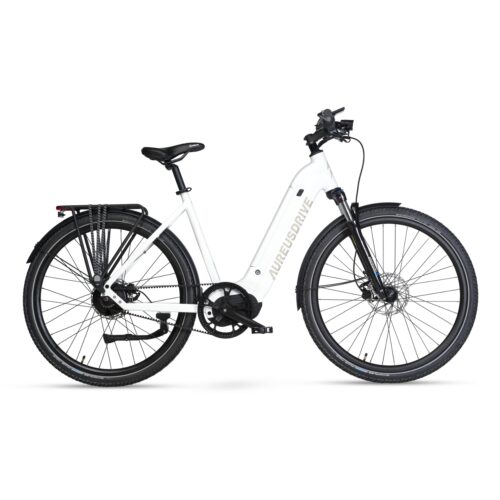 AureusDrive DailyDrive E-Bike Weiss mit tiefem Einstieg und Riemenantrieb.