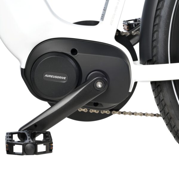 AureusDrive DailyDrive Mittelmotor Kettenantrieb Detail AureusDrive DailyDrive E-Bike Mittelmotor mit Kettenantrieb Detailaufnahme.